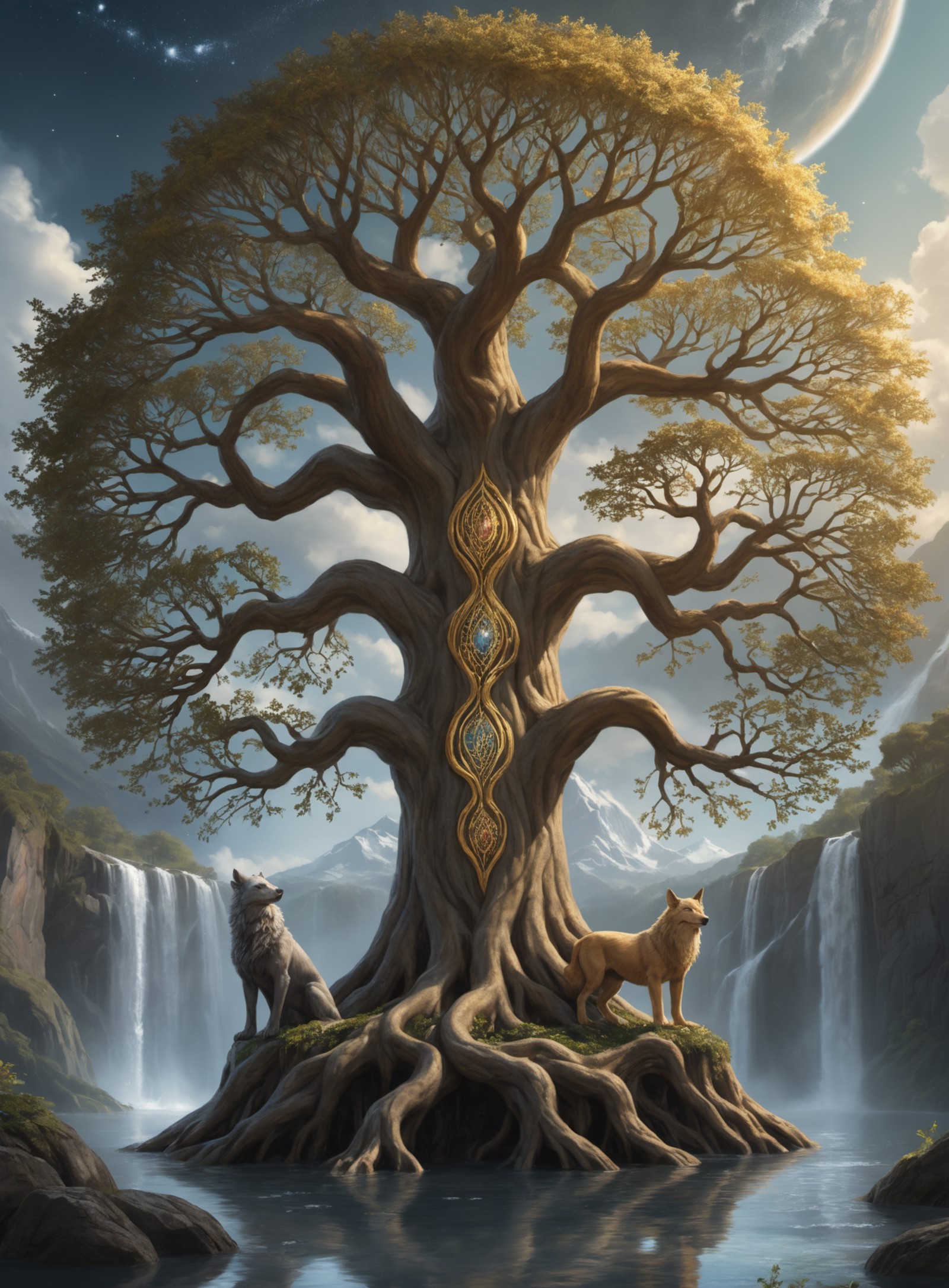 The paintingof the legendary Yggdrasil tree, reaching up towards the heavens with its sprawling branches adorned with leav...
